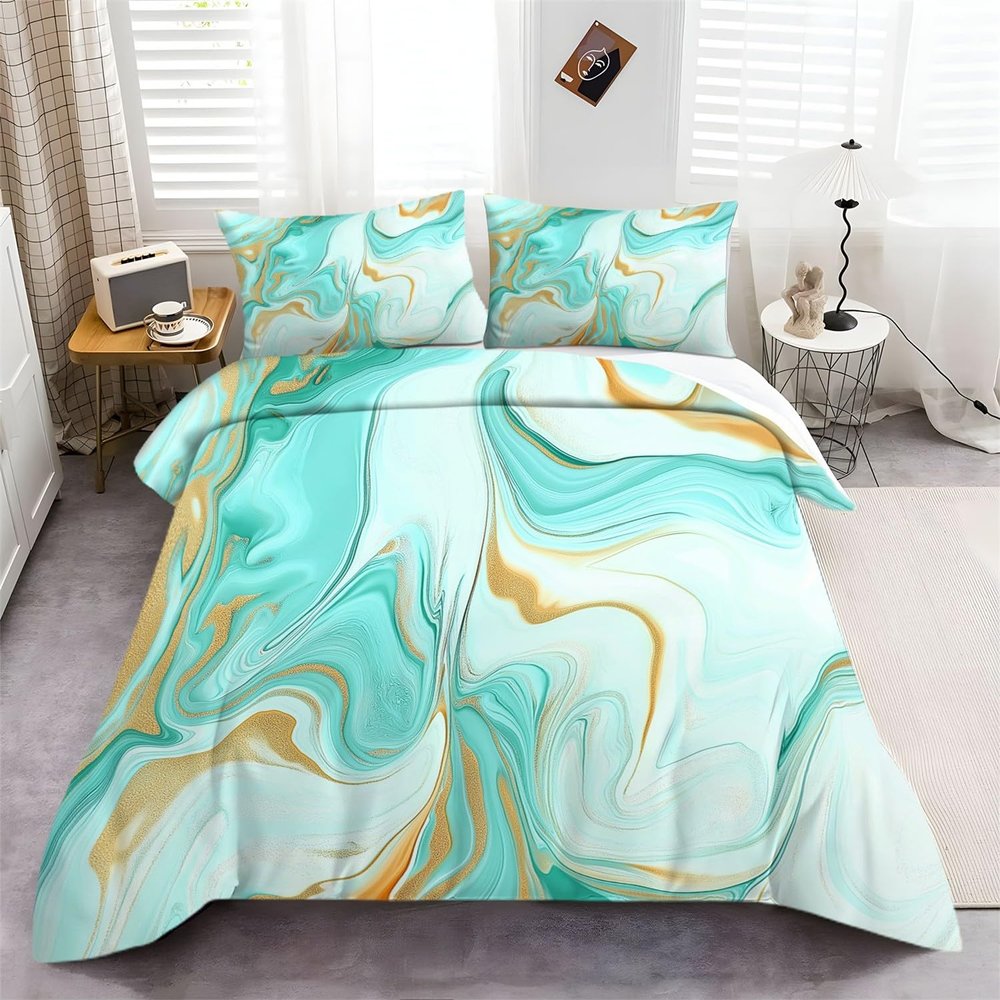 Duvet Cover Set 260 x 220 cm, Abstract Turquoise Marble, Soft Green Microfiber, 3-Piece