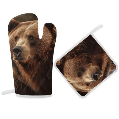Grizzly Bear Oven Mitt and Pot Holder Set, Heat-Resistant Kitchen Gloves with Hanging Loop