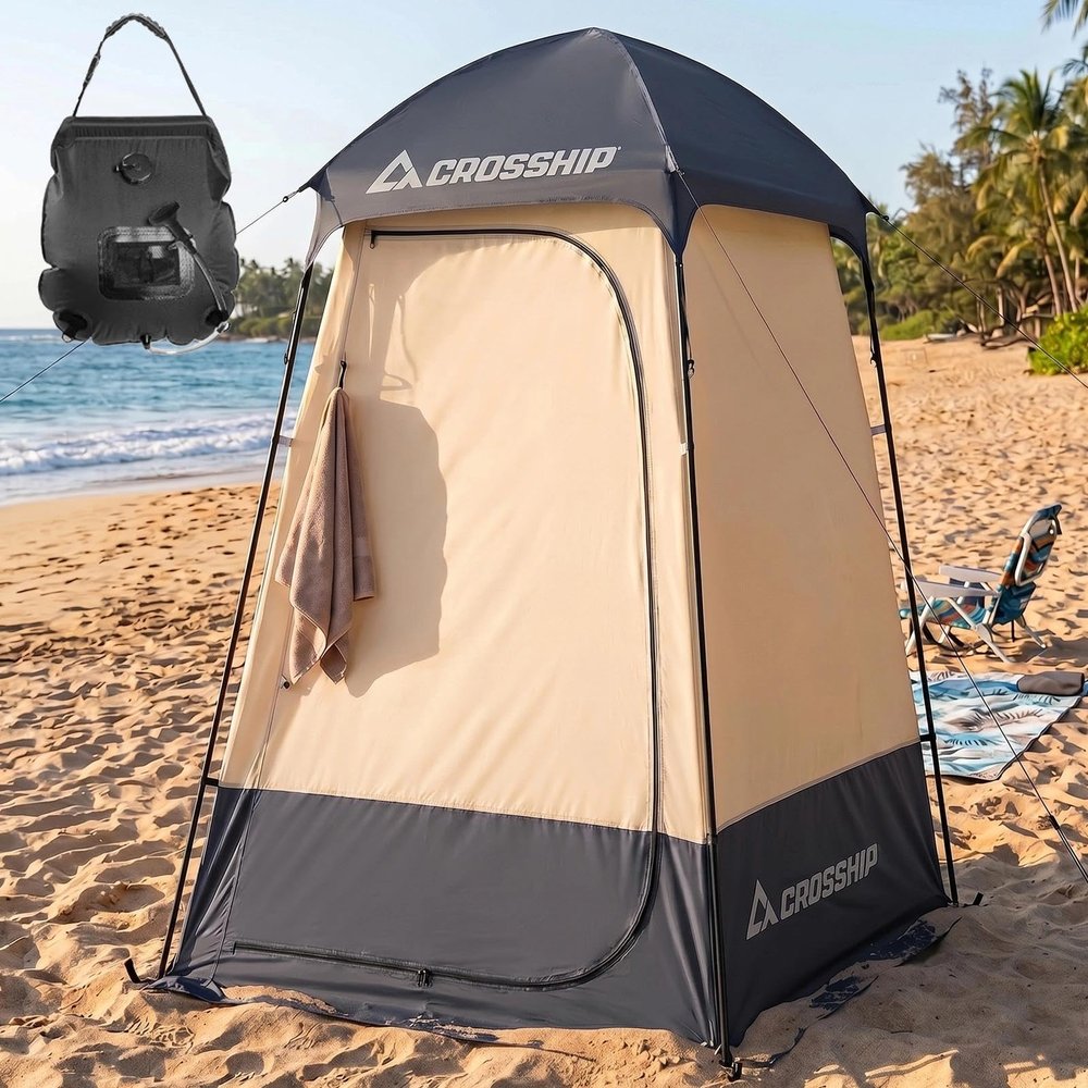 CROSSHIP Camping Shower Tent with Solar Shower Bag, 214.9 cm H x 152.4 cm W, UV-Resistant and Waterproof