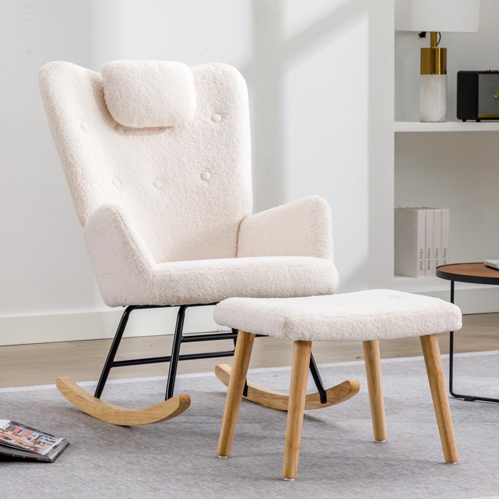Ymkua White Rocking Chair with Ottoman, 65 x 82 x 94 cm