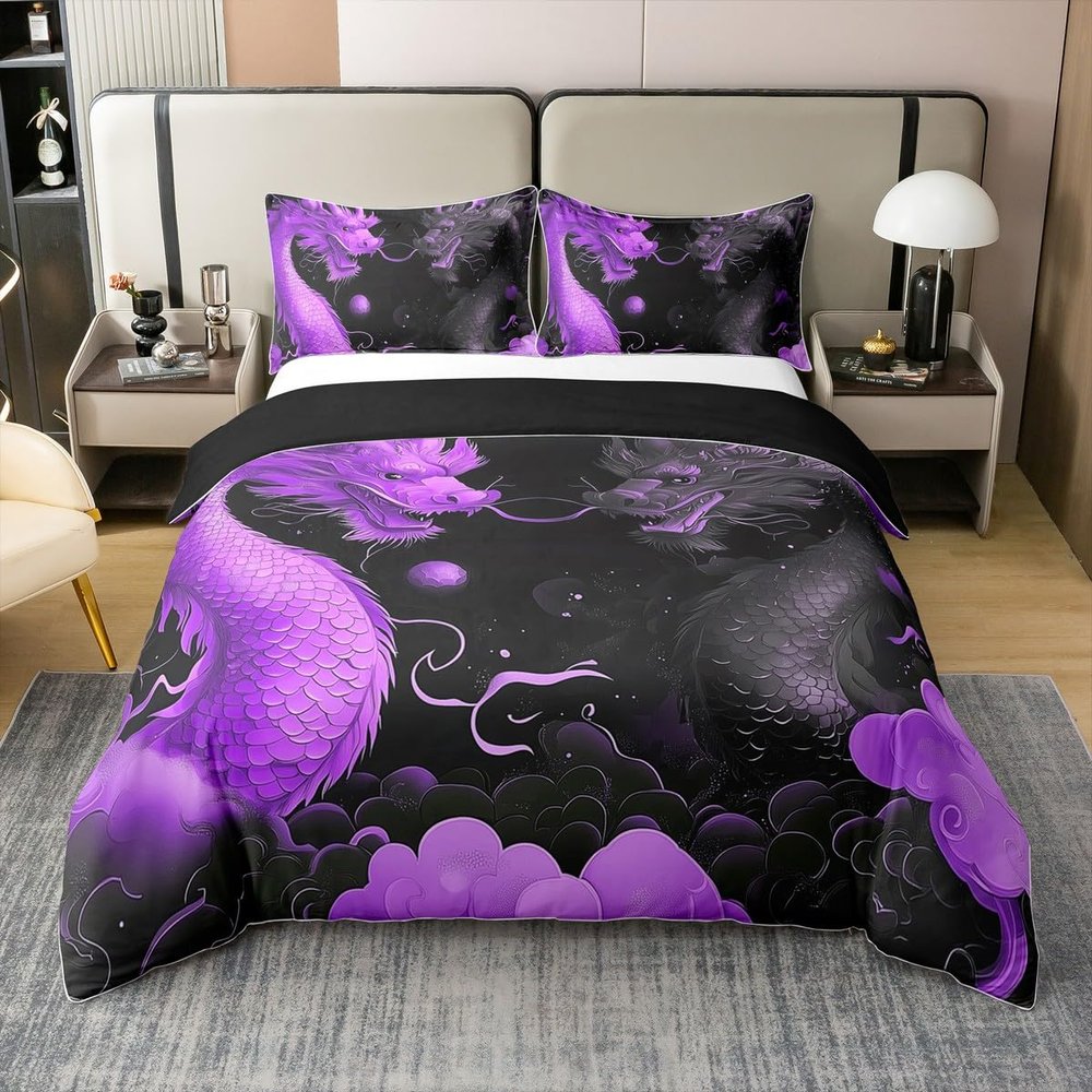 Loussiesd Dragon 100% Cotton Duvet Cover Set, 155 x 220 cm, Purple/Black