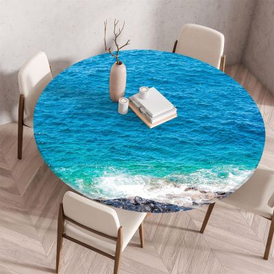 Treer Round Outdoor Tablecloth, 3D Beach and Sea View, Washable, Elastic, 100 cm (Ocean 2)