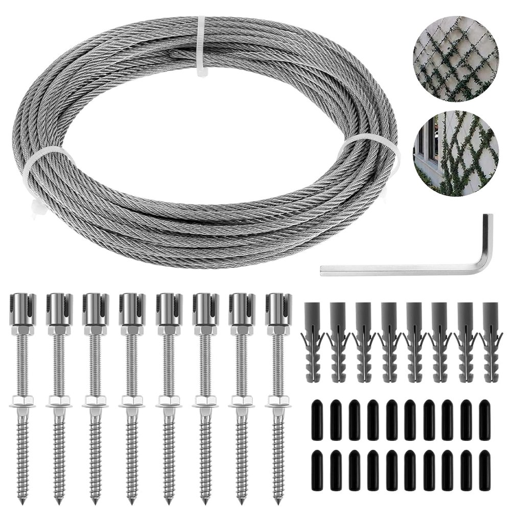 Hanured Stainless Steel Trellis for Climbing Plants, with Wall Mounts and 3 mm Cable, 8 Mounts, 12 m Cable