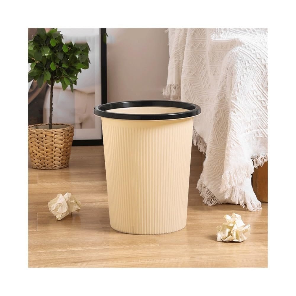 CJHFR472SG Beige Striped Plastic Wastebasket with Compression Ring, Medium