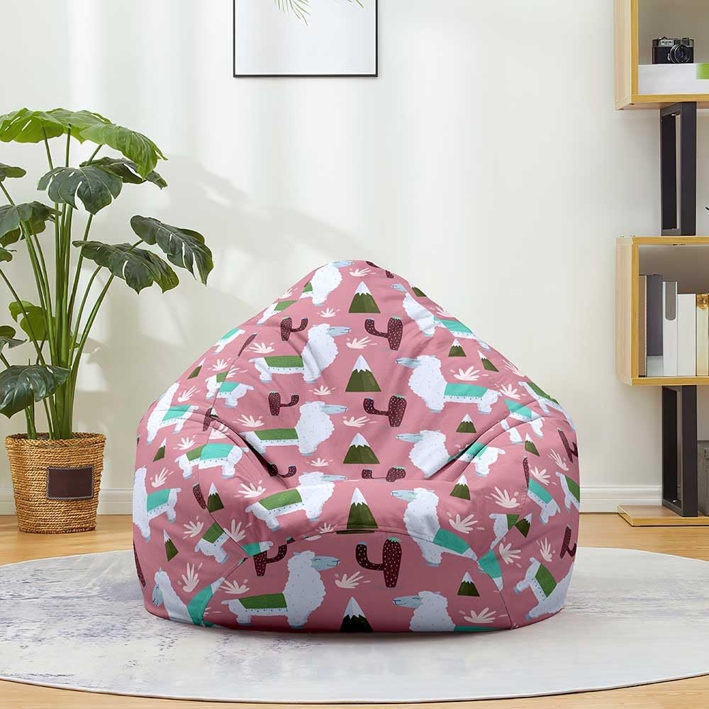 Treer Unfilled Bean Bag Chair Cover, Cartoon Alpaca Print, Linen, Pink, 80 x 90 cm