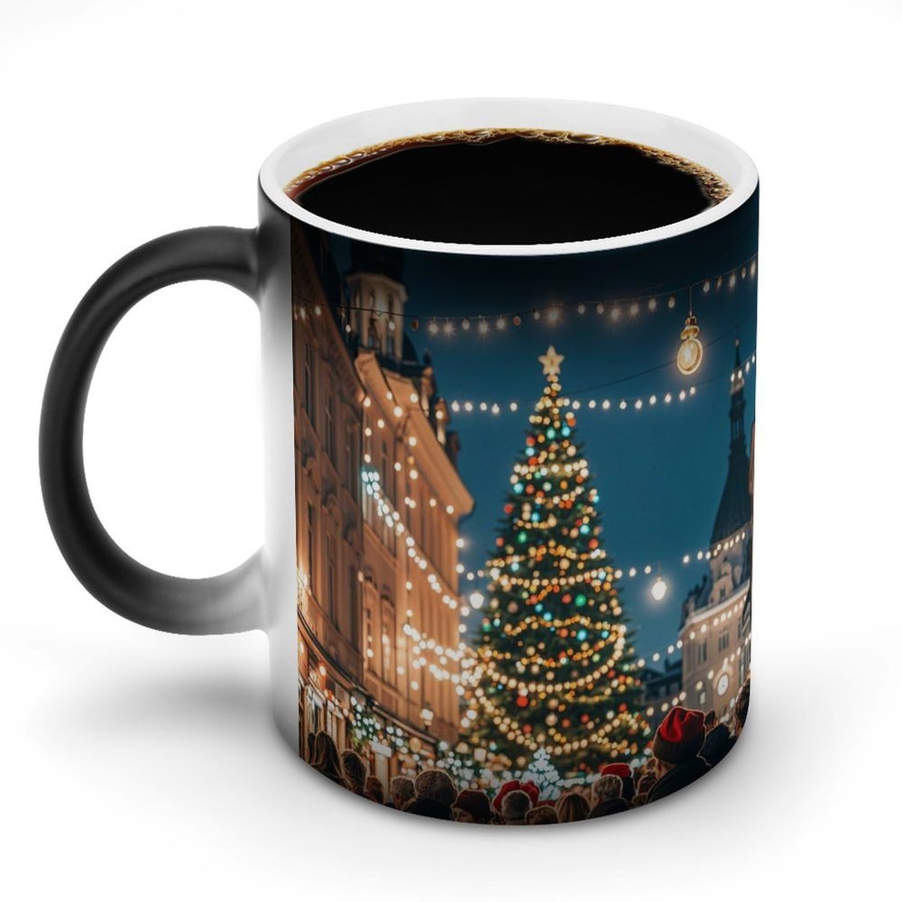 JTKLQBN Heat-Sensitive Color-Changing Coffee Mug for Christmas and Carnival, Printed Ceramic Mug with Handle, 340 ml