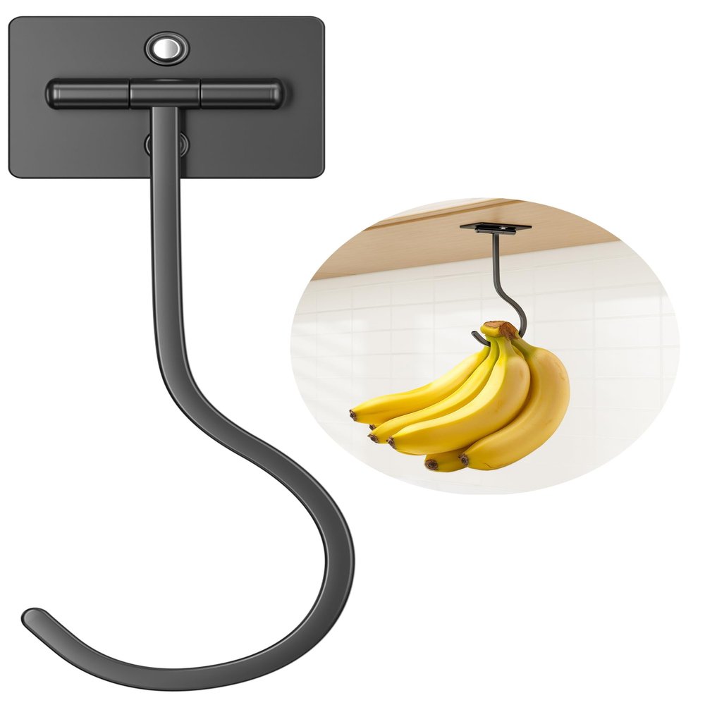 bussdis Adhesive Under-Cabinet Banana Hanger, No Drilling, Foldable Magnetic Hook, Space-Saving, Holds up to 5.9 kg, Black