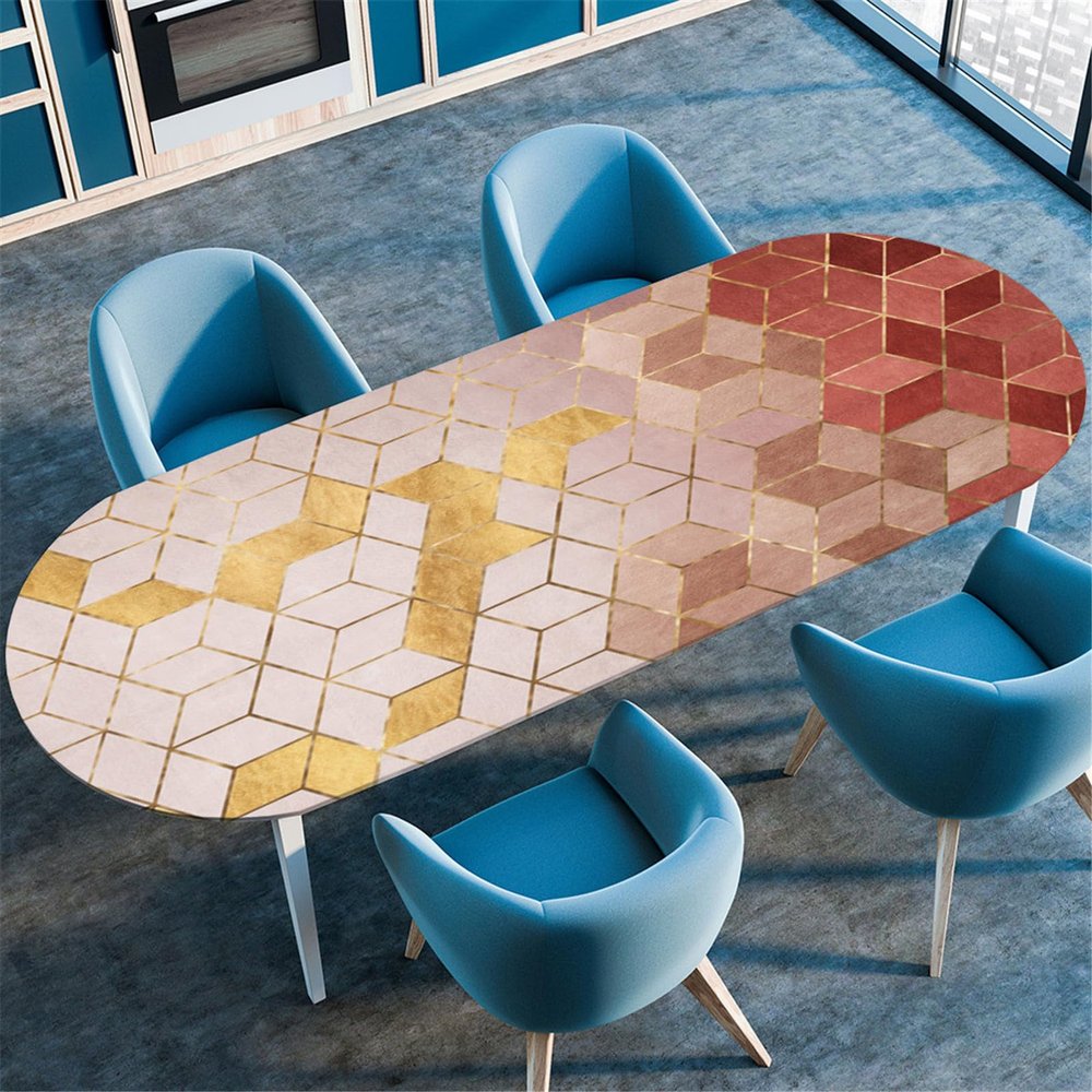 Odot Washable Elastic Oval Tablecloth with 3D Geometric Print, Gray Graffiti Art, 91 x 152 cm