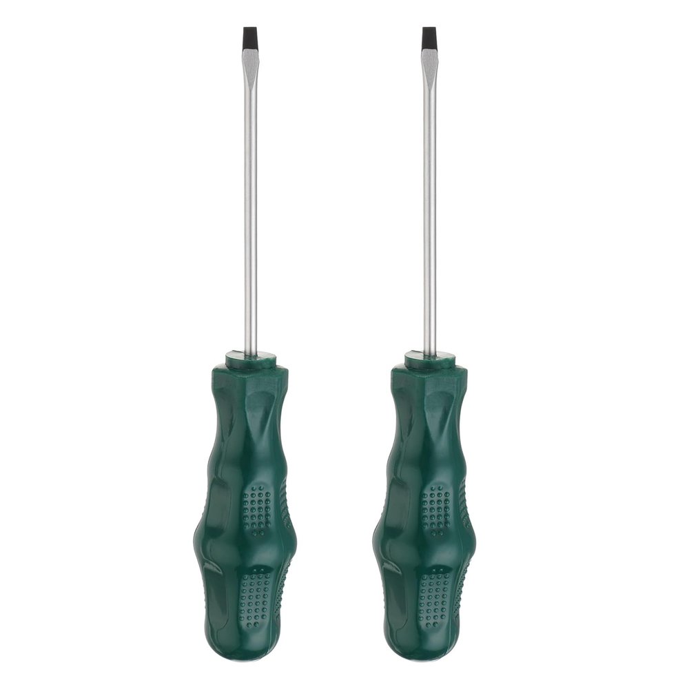 QUARKZMAN 2-Piece SL3 Flat-Head Screwdriver Set, 147 mm, Magnetic CR-V Slotted Screwdrivers with Ergonomic Green Handles