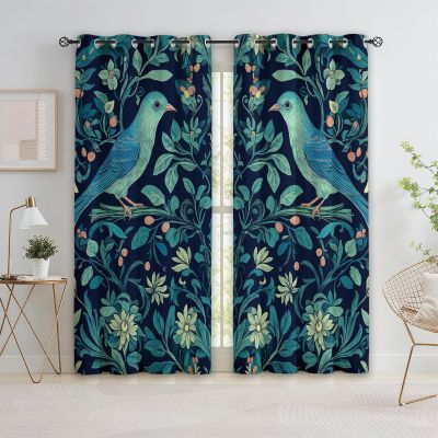 Blue-Green Blackout Grommet Curtains with William Morris Forest Birds, 2-Piece Set, 183 x 117 cm