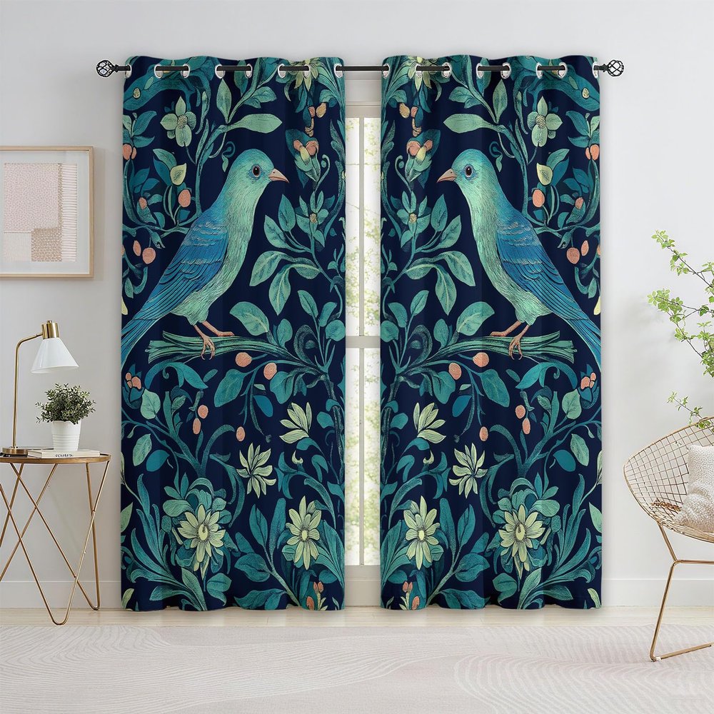Blue-Green Blackout Grommet Curtains with William Morris Forest Birds, 2-Piece Set, 183 x 117 cm