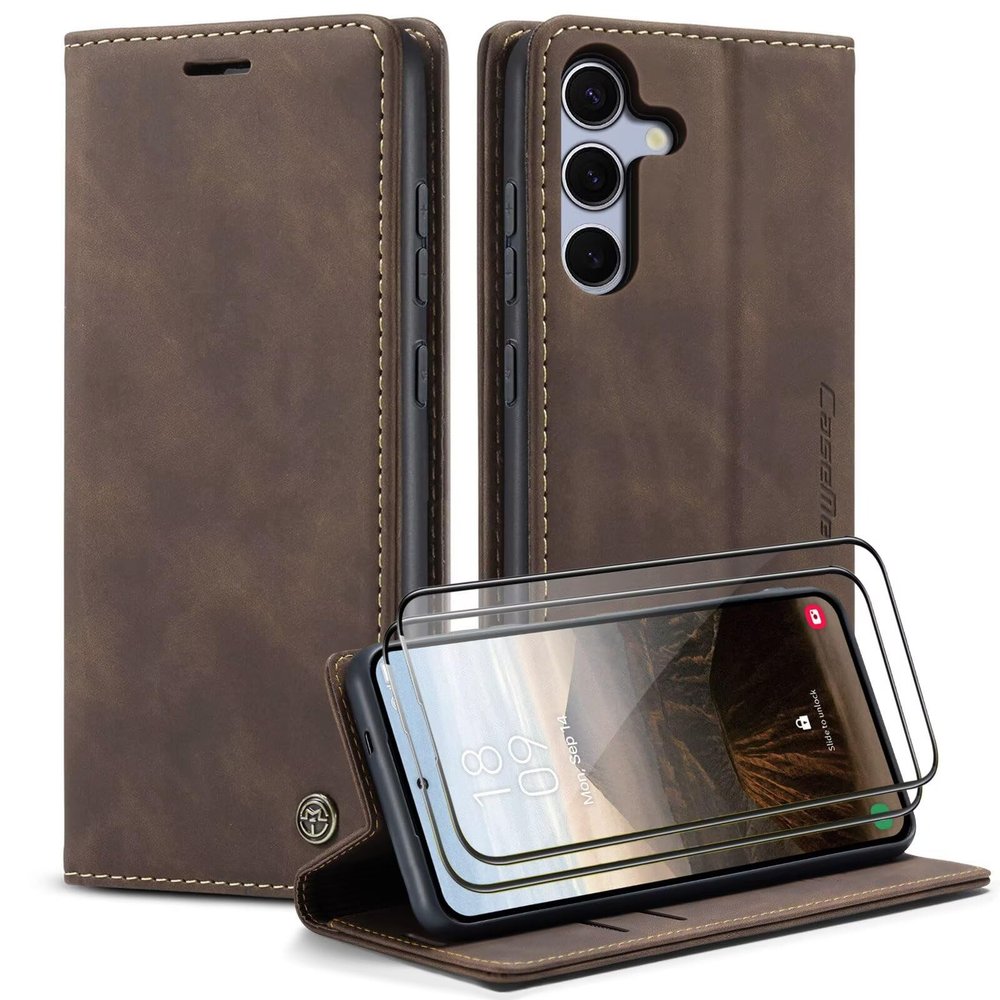 SLWYF Flip Phone Case for Samsung Galaxy S25 with 2 Tempered Glass Screen Protectors, Premium PU Leather, Card Slots, Coffee