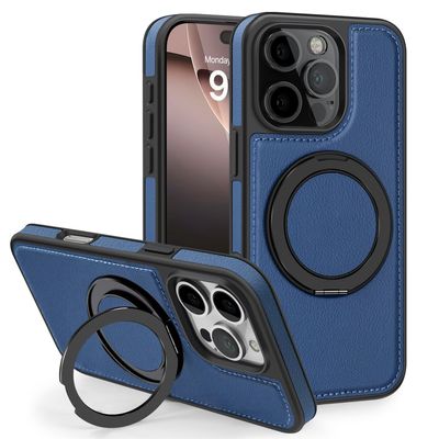 Magnetic Leather Case for iPhone 16 Pro Max with MagSafe Compatibility, 360° Rotating Stand, Blue