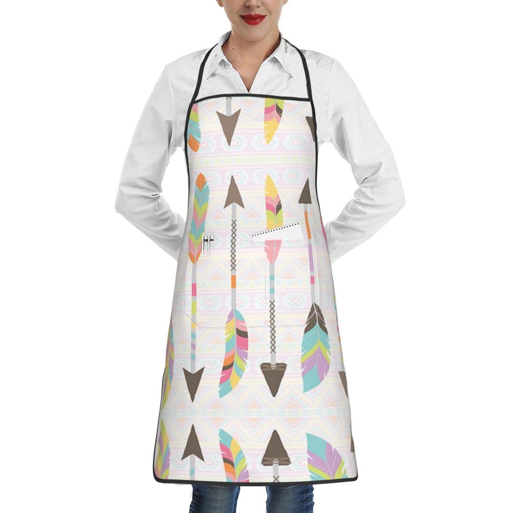 SATUSA Feather Arrow Print Waterproof Apron with Pockets, White, One Size