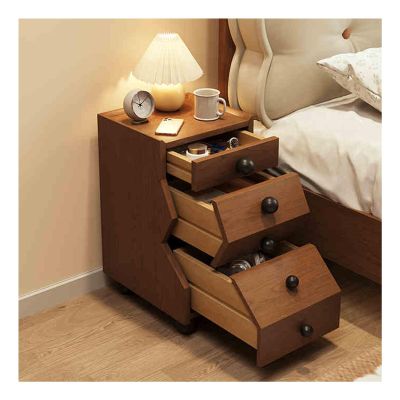 HBOOMOEM Solid Wood Nightstand, 3-Tier Storage, Walnut, 50 x 30 cm