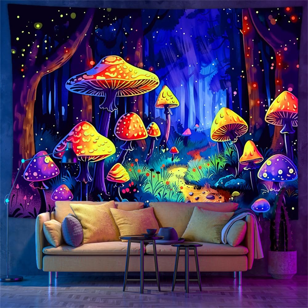 Hixingo Tapestry Wall Hanging, 3D Fluorescent Print, Colorful Mushrooms, 180 x 230 cm