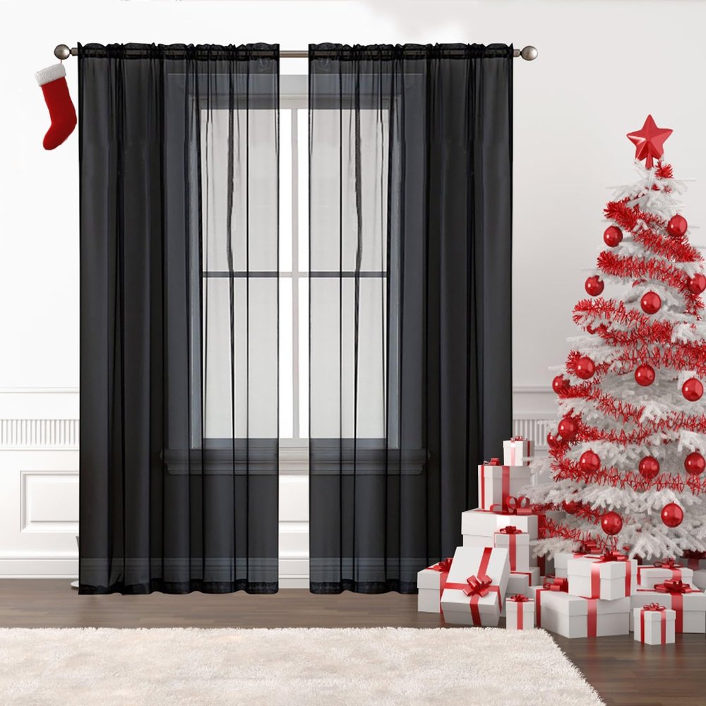 GAIFNAG Sheer Linen-Look Curtain Panel, 240 x 140 cm, Black