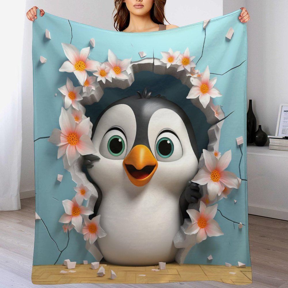 AAPZY Cute Penguin Blanket, Plush & Super-Soft Flannel Fleece Throw, 100 x 130 cm