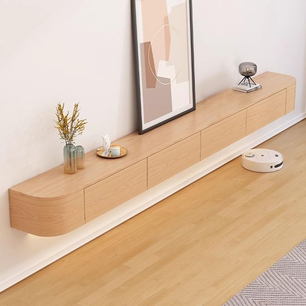 Easnuroz Solid Wood TV Stand, Wall-Mounted TV Console with 2 Cabinets, 200 cm