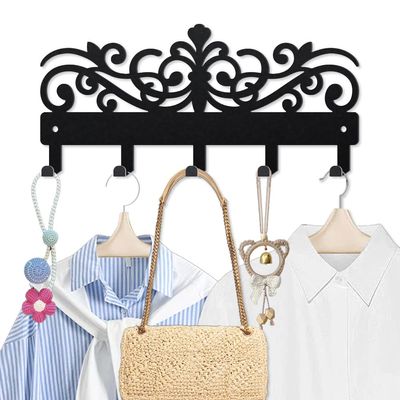 MAYJOYDIY Vintage Floral Metal Wall-Mounted Key Holder with 5 Hooks, Black