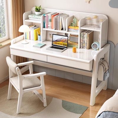 Yadlan Height-Adjustable Kids' Desk with Cabinet, Drawers, Hooks, and Storage, Solid Wood, White, 120 cm