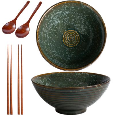 Sightday 2-Piece Noodle Bowl Set, 1,200 ml Ceramic Bowls for Pasta, Snacks, Soup, Salad and Muesli, Green, with Ramen Spoons and Chopsticks