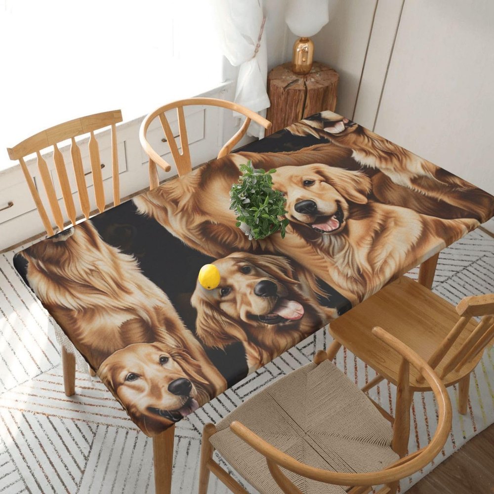 DCARSETCV Golden Retriever Floral Tablecloth, Elastic Edge, Fits 150 cm