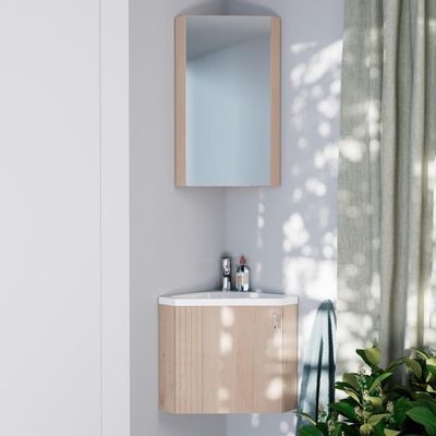 MOB-IN Corner Vanity Set, Koda Oak Finish + Mirrored Cabinet