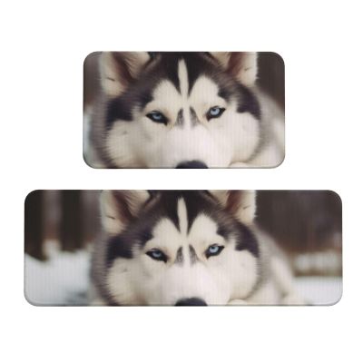 JTKREZ Husky Dog-Printed Kitchen Mats, Non-Slip, Absorbent, 2-Piece Set