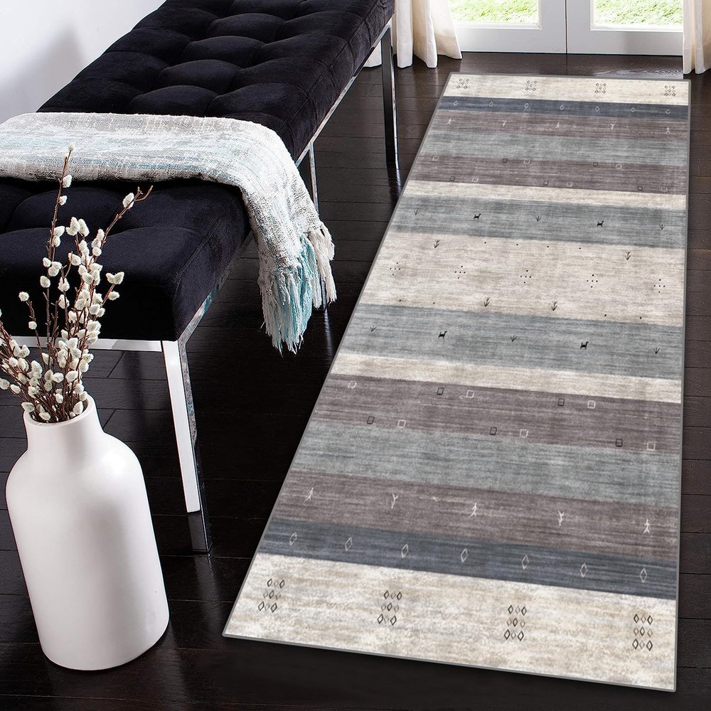 Siunwdiy Moroccan Runner Rug, Non-Slip, Brown and Gray, Washable, 60 x 100 cm
