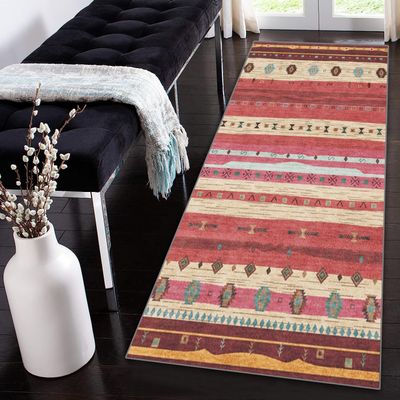 Siunwdiy Moroccan Runner Rug, Non-Slip, Pink and Red, Washable, 110 x 120 cm