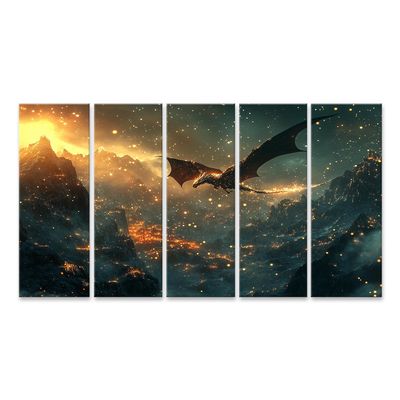 islandburner Golden Dragon Flying Over Mountains Canvas Wall Art