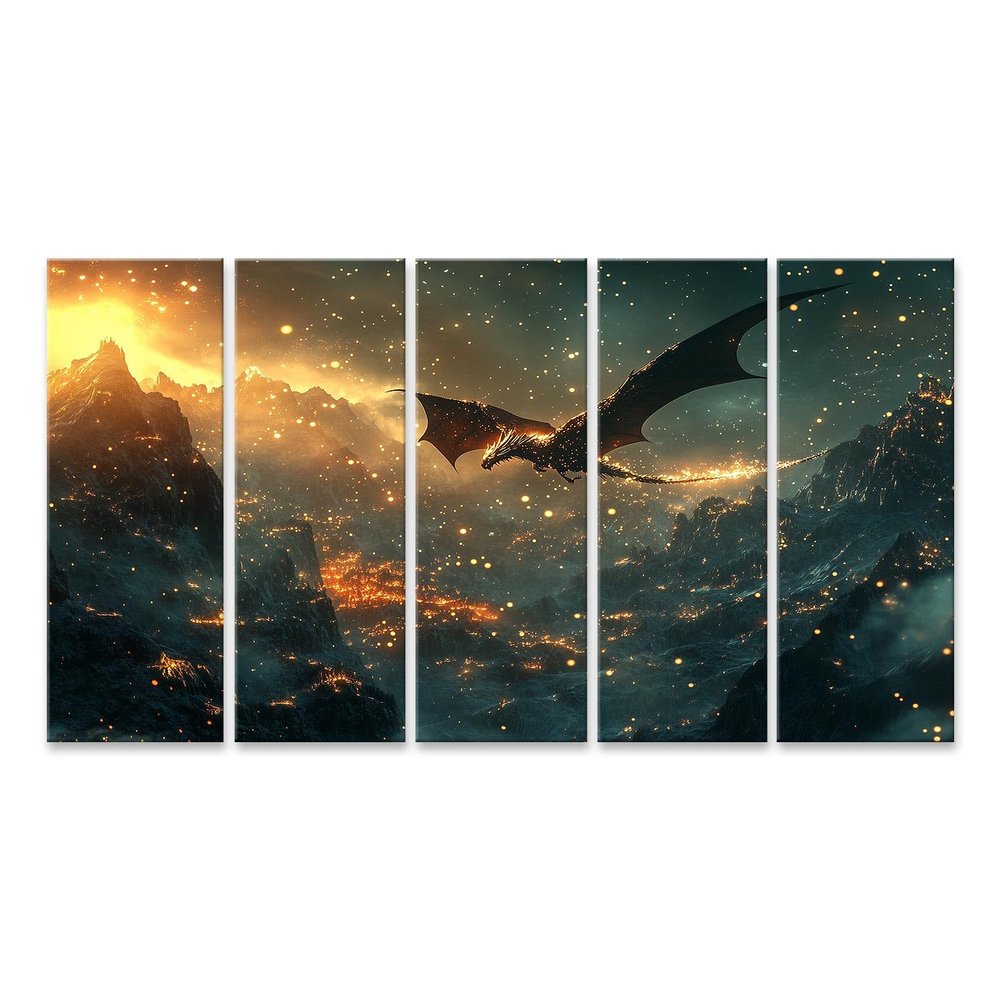 islandburner Golden Dragon Flying Over Mountains Canvas Wall Art
