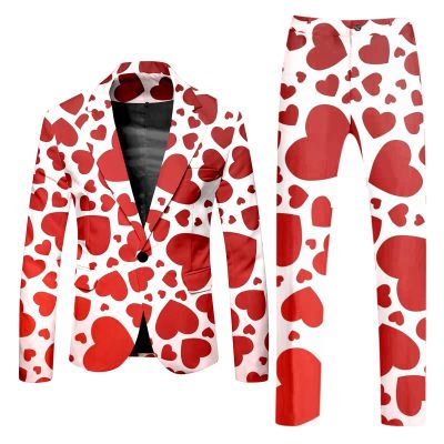 RUMAOZIA Men's Valentine's Day Suit, 2-Piece Slim-Fit Suit with Heart Print