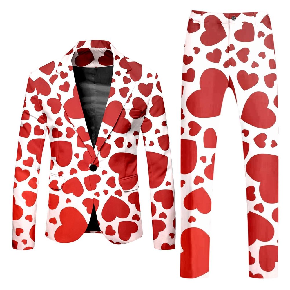 RUMAOZIA Men's Valentine's Day Suit, 2-Piece Slim-Fit Suit with Heart Print