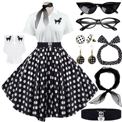 1950s Poodle Skirt Outfit for Women, Sock Hop Costume with Polo Shirt and Accessories, Black and White Polka Dot, XL