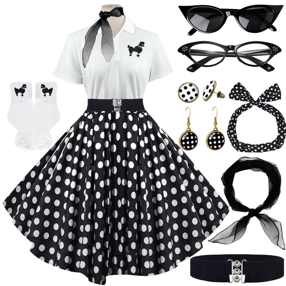 1950s Poodle Skirt Outfit for Women, Sock Hop Costume with Polo Shirt and Accessories, Black and White Polka Dot, XL