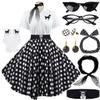 1950s Poodle Skirt Outfit for Women, Sock Hop Costume with Polo Shirt and Accessories, Black and White Polka Dot, XL view 1
