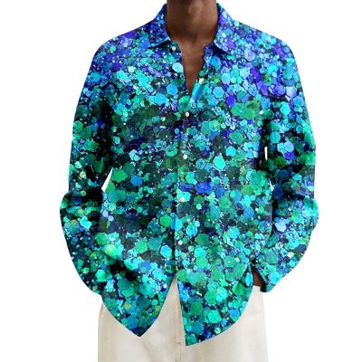 Men's Long-Sleeve 1970s Shirt, 1980s Carnival Costume Shirt, 1960s Hippie Disco Hawaiian Shirt with Psychedelic Patterns and Button-Down Collar