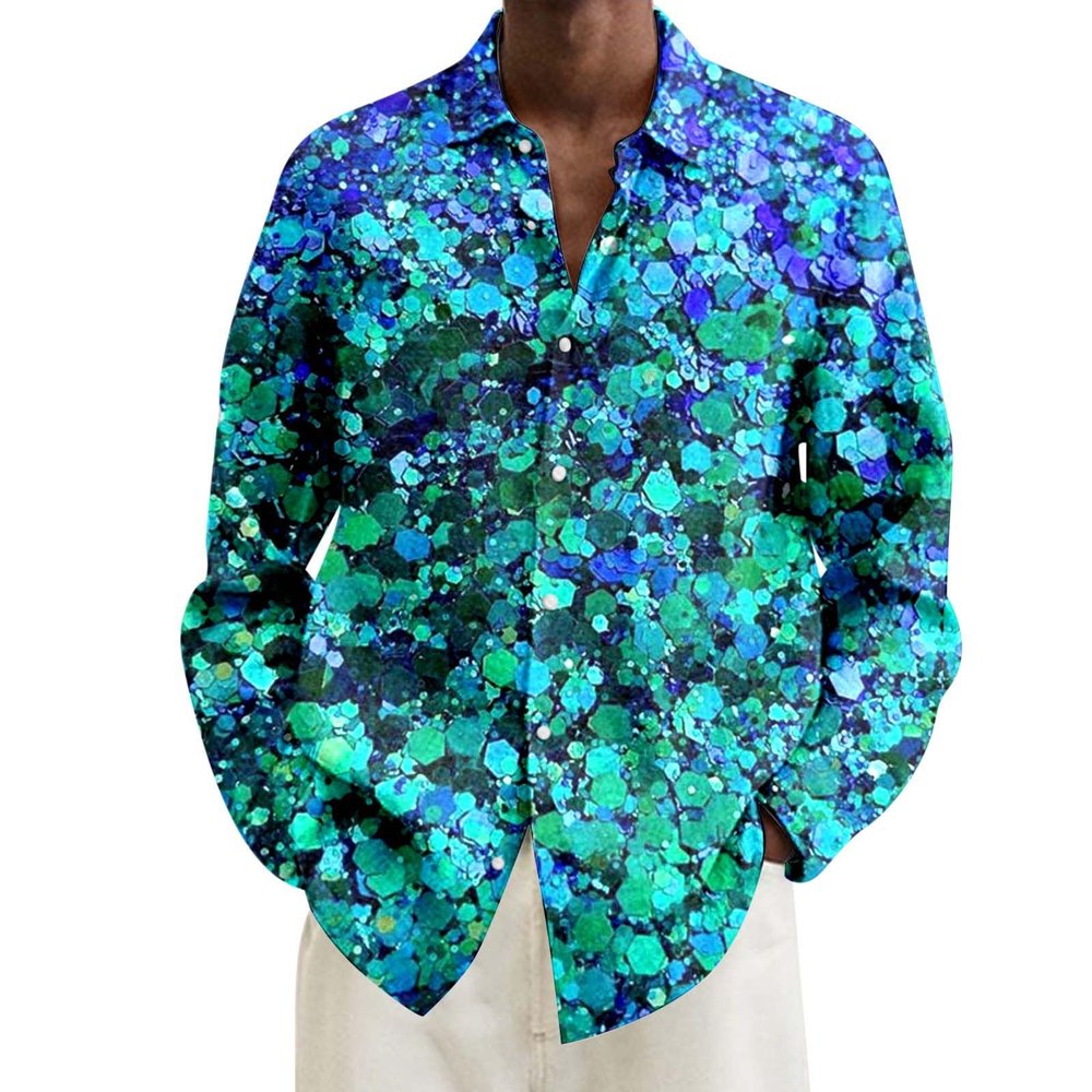 Men's Long-Sleeve 1970s Shirt, 1980s Carnival Costume Shirt, 1960s Hippie Disco Hawaiian Shirt with Psychedelic Patterns and Button-Down Collar