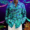 Men's Long-Sleeve 1970s Shirt, 1980s Carnival Costume Shirt, 1960s Hippie Disco Hawaiian Shirt with Psychedelic Patterns and Button-Down Collar view 3
