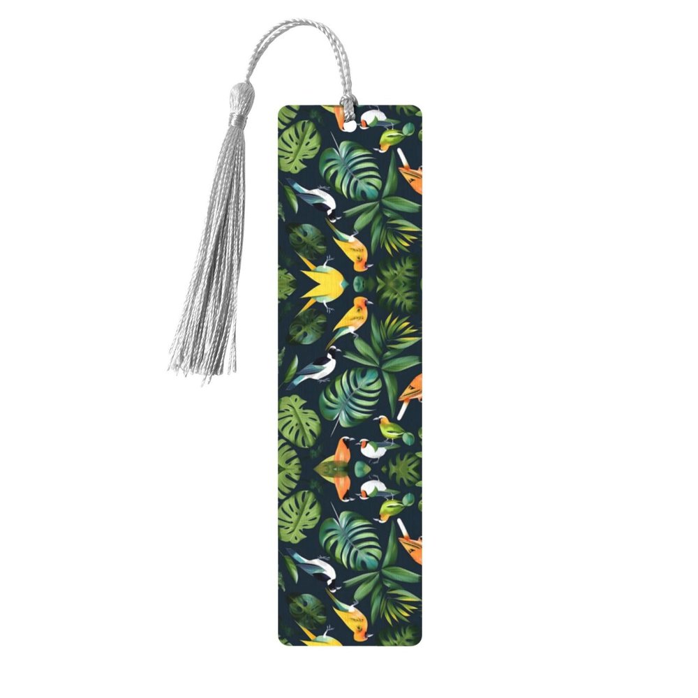 Tropical Birds and Leaves Wooden Bookmark with Tassel