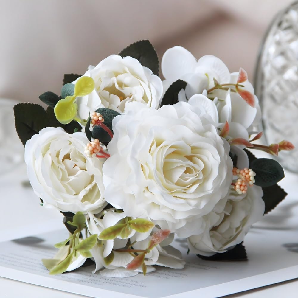 ABCWARRT 2-Piece Artificial Silk Rose, Peony & Hydrangea Bouquet, White