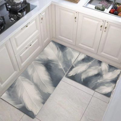 MULERN Washable Non-Slip Kitchen Runner Mat, White Feather Pattern, 40 x 60 cm + 40 x 120 cm