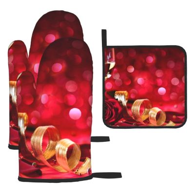 Oven Mitts and Pot Holders, Burgundy and Roses, Heat-Resistant and Waterproof