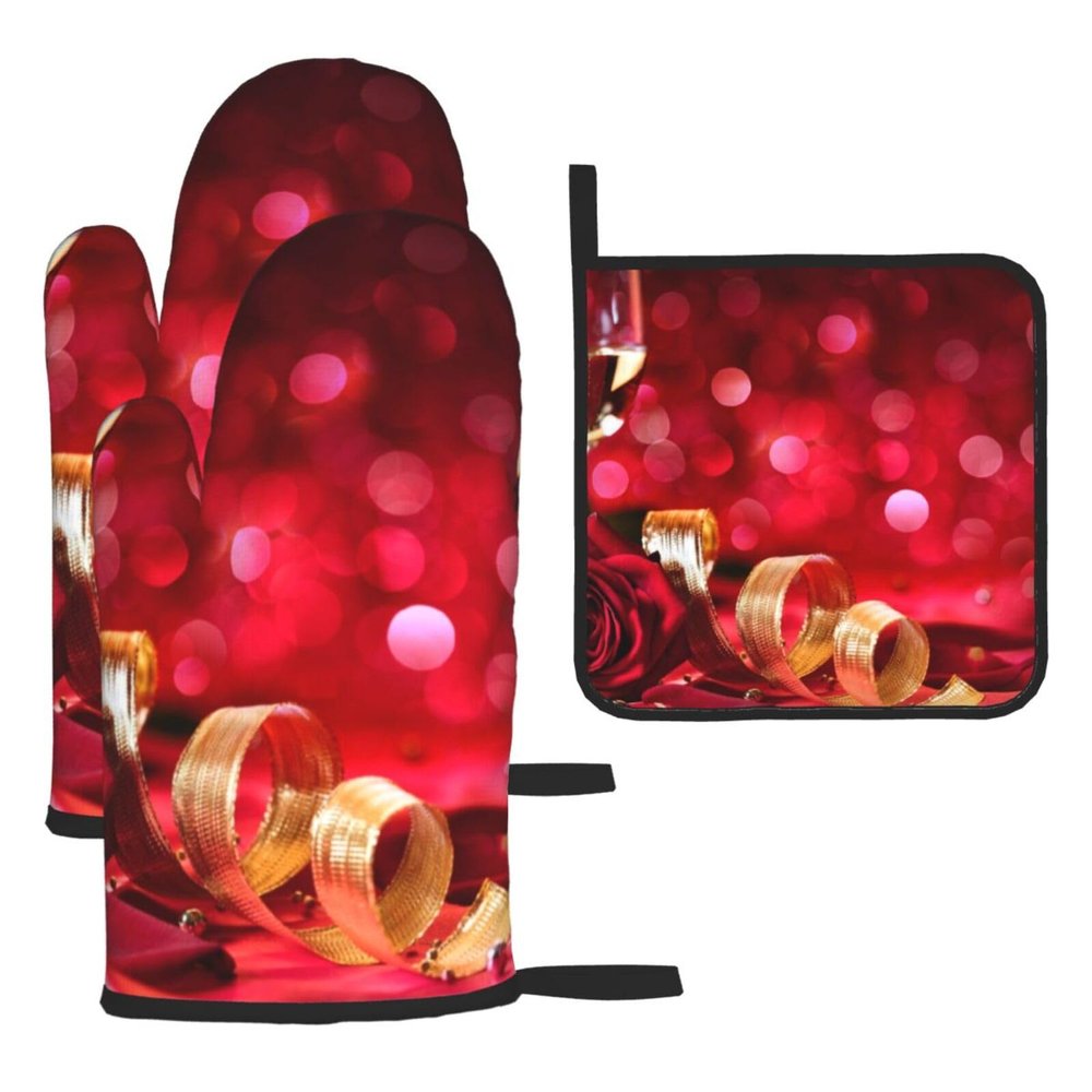 Oven Mitts and Pot Holders, Burgundy and Roses, Heat-Resistant and Waterproof