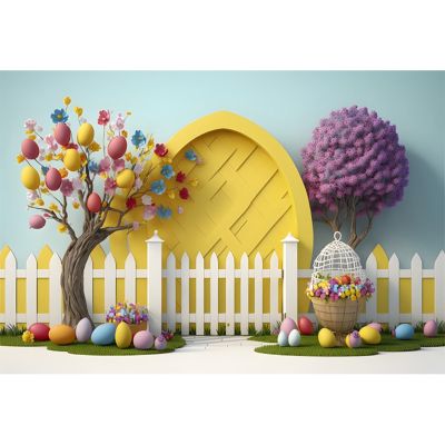 YongFoto 3 x 2.5 m Happy Easter Photography Backdrop with Colorful Eggs, Blooming Tree, Arch and Fence
