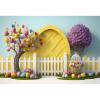 YongFoto 3 x 2.5 m Happy Easter Photography Backdrop with Colorful Eggs, Blooming Tree, Arch and Fence view 1