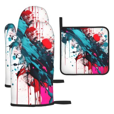 Abstract Paint-Splatter Oven Mitts and Pot Holder, 3-Piece Set