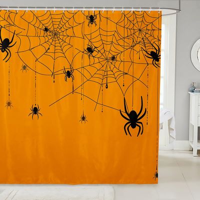 Homemissing Boys' Spider Shower Curtain, 180 x 200 cm, Halloween Print, Yellow and Black, with Hooks
